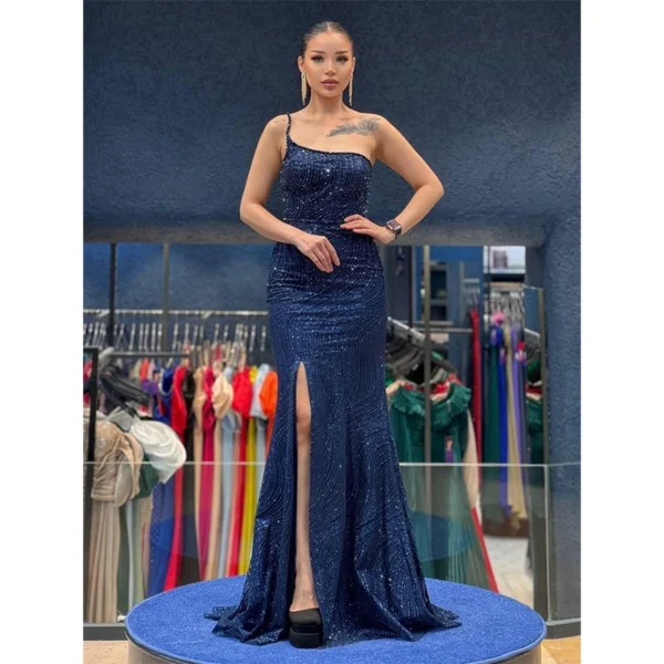 Navy Blue One-Shoulder Sequined Mermaid Gown