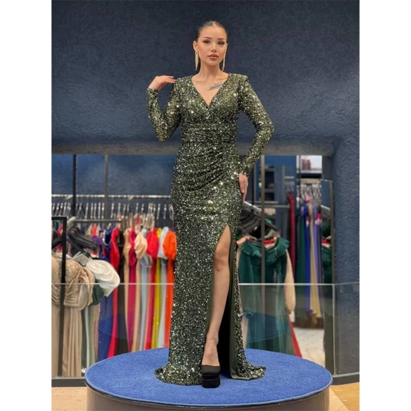 Olive Green Sequined Long-Sleeve Gown